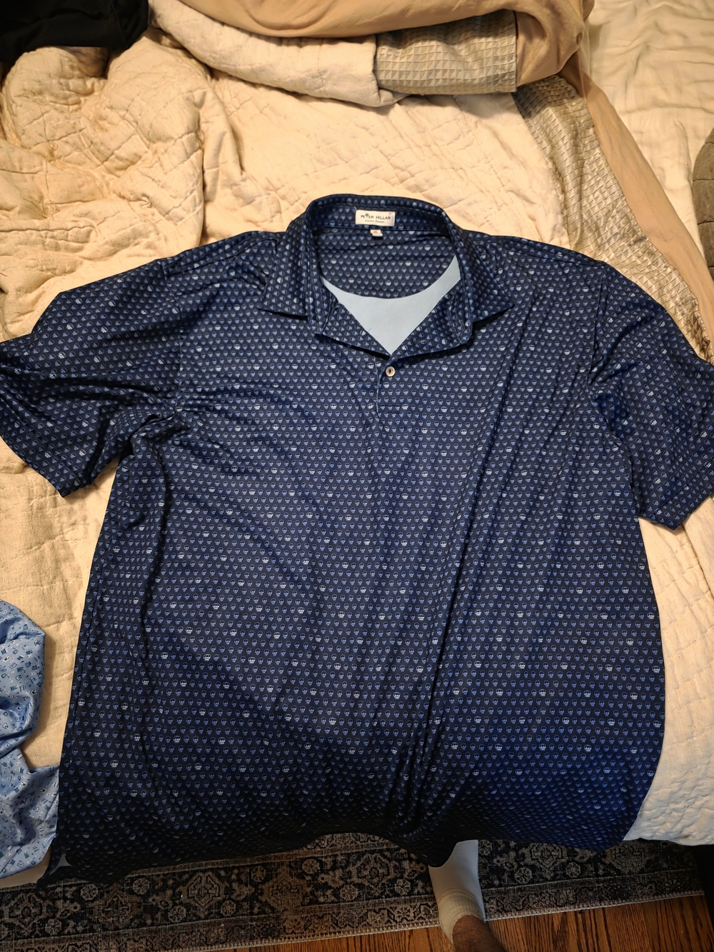 Peter Millar Men's Navy Blue Short-Sleeve Polo with Micro Print